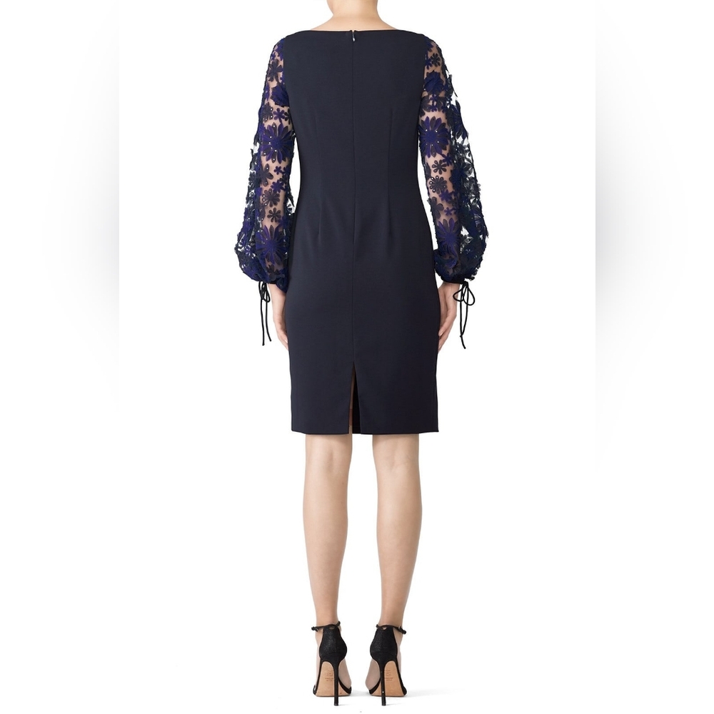 Badgley Mischka Boatneck Sheath Dress with Floral Puff Sleeves, Navy Blue Sz 14 - Picture 2 of 15